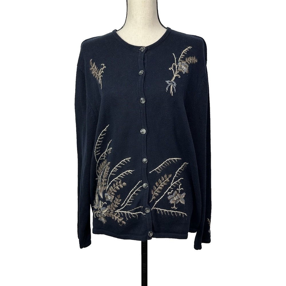 Vintage Koret Cardigan Sweater Womens XL Blue Floral Embroidered Cottage Grandma